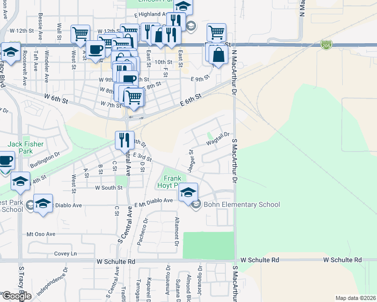 map of restaurants, bars, coffee shops, grocery stores, and more near 341 Accipiter Court in Tracy