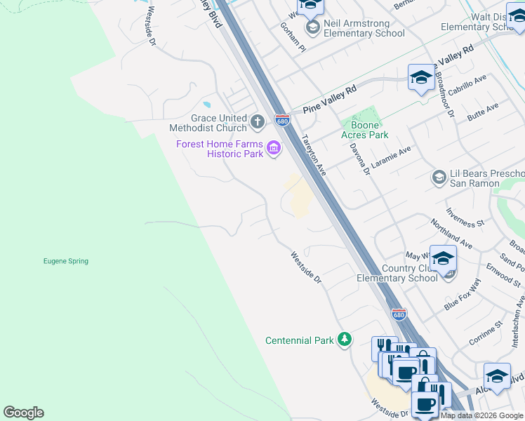 map of restaurants, bars, coffee shops, grocery stores, and more near 1 Circle East Ranch Place in San Ramon