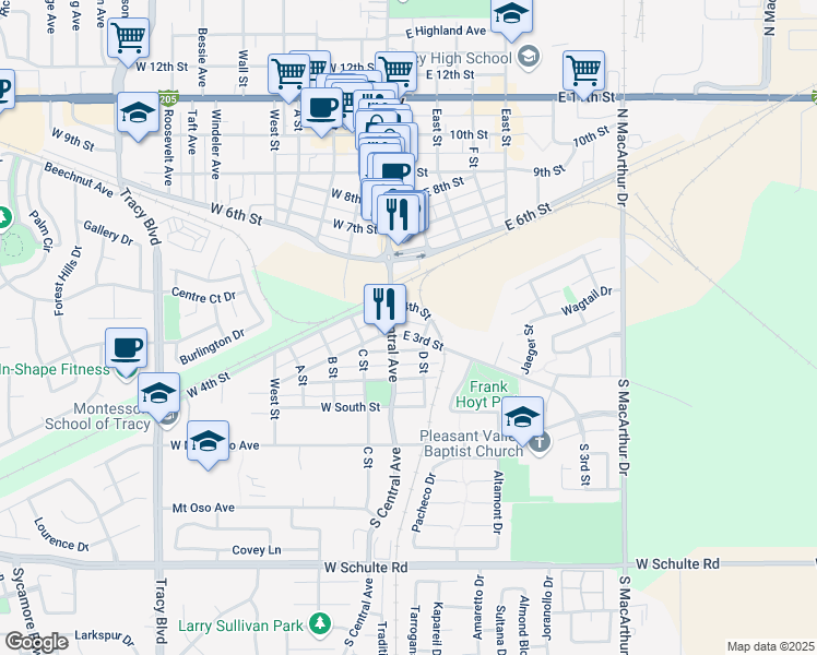 map of restaurants, bars, coffee shops, grocery stores, and more near 21 East 3rd Street in Tracy