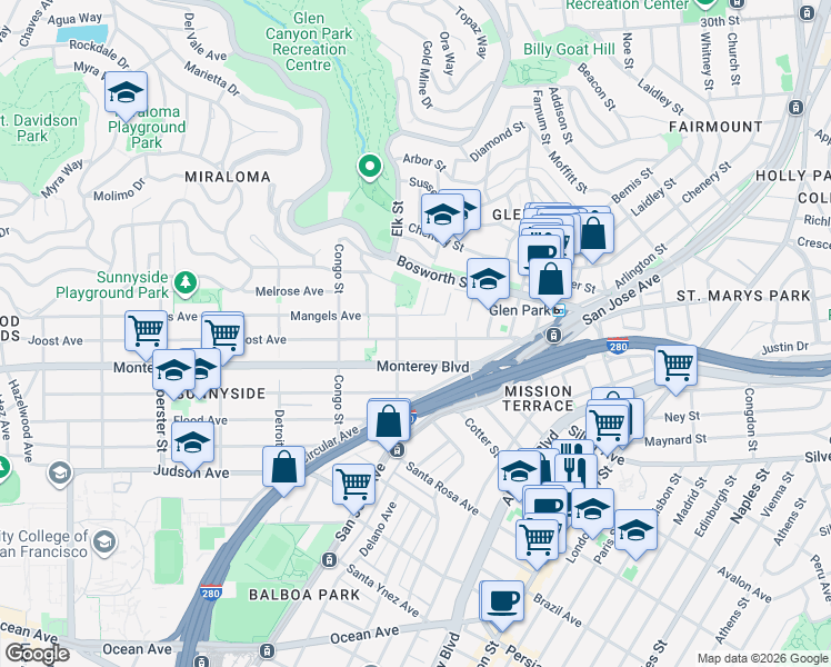 map of restaurants, bars, coffee shops, grocery stores, and more near 166 Joost Avenue in San Francisco