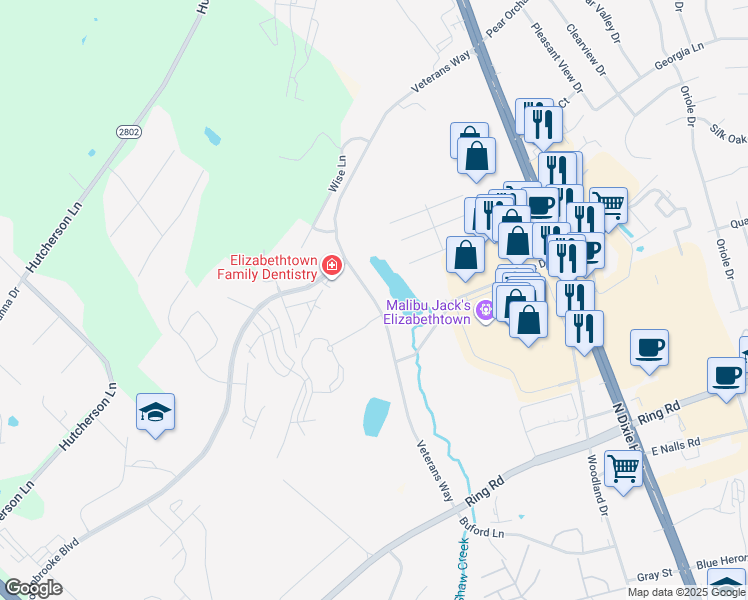 map of restaurants, bars, coffee shops, grocery stores, and more near Veterans Way in Elizabethtown