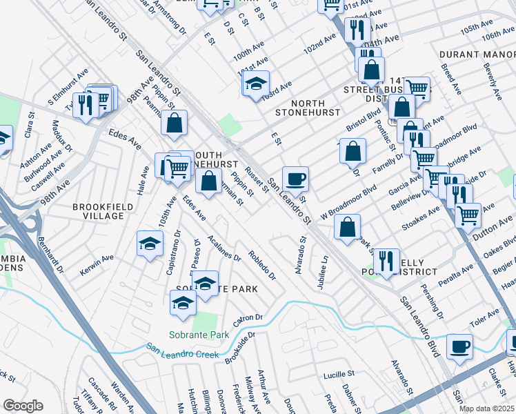 map of restaurants, bars, coffee shops, grocery stores, and more near 10799 Pippin Street in Oakland