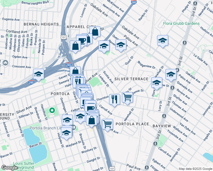 map of restaurants, bars, coffee shops, grocery stores, and more near 96 Ledyard Street in San Francisco