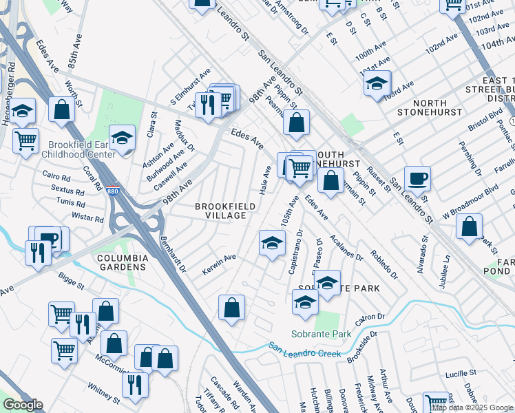 map of restaurants, bars, coffee shops, grocery stores, and more near 415 Hale Avenue in Oakland