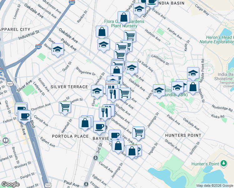map of restaurants, bars, coffee shops, grocery stores, and more near 5075 3rd Street in San Francisco