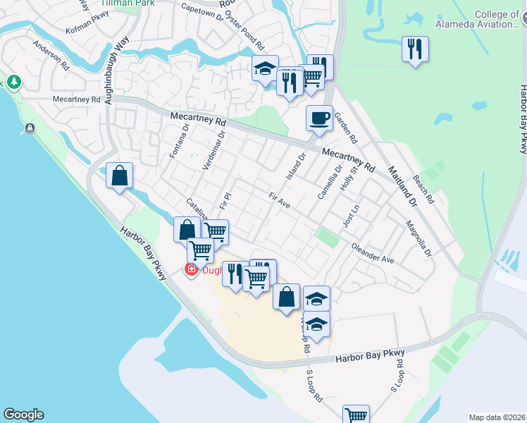 map of restaurants, bars, coffee shops, grocery stores, and more near 1129 Island Drive in Alameda
