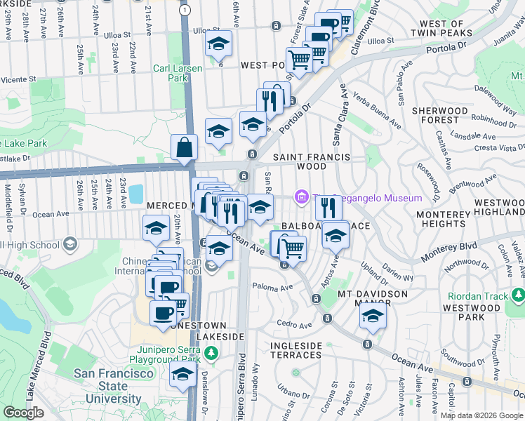 map of restaurants, bars, coffee shops, grocery stores, and more near 150 San Rafael Way in San Francisco