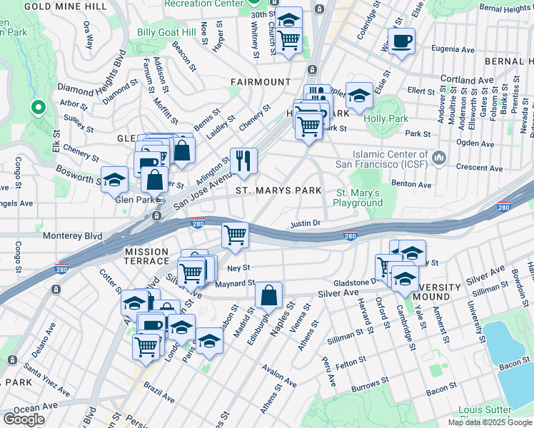 map of restaurants, bars, coffee shops, grocery stores, and more near 4059 Mission Street in San Francisco