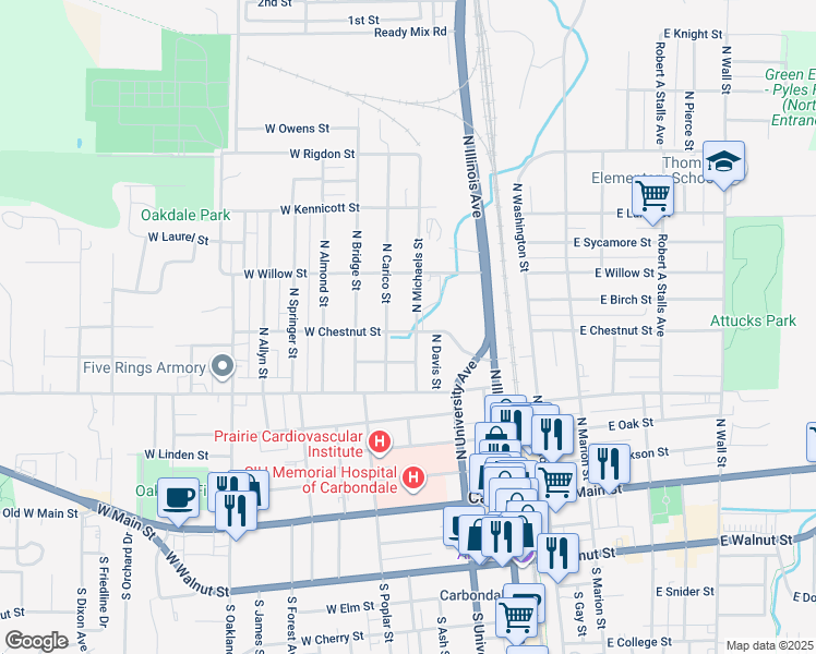 map of restaurants, bars, coffee shops, grocery stores, and more near 600 North Michaels Street in Carbondale