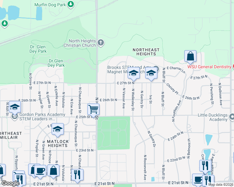 map of restaurants, bars, coffee shops, grocery stores, and more near 2722 Fairmount Street in Wichita