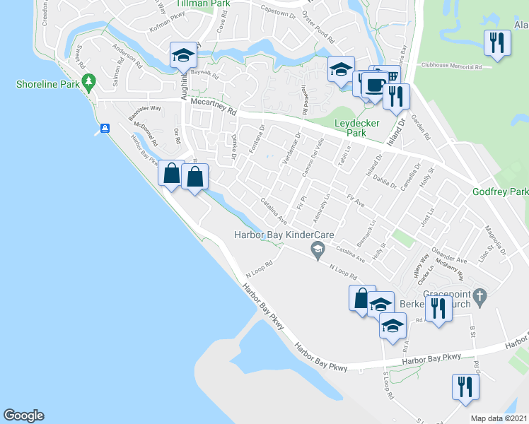 map of restaurants, bars, coffee shops, grocery stores, and more near 15 Duarte Court in Alameda
