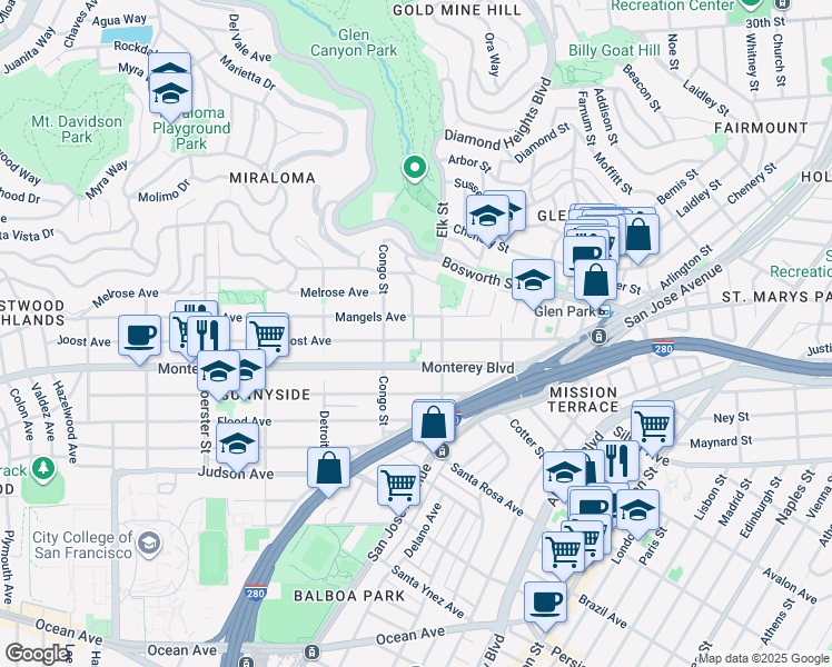 map of restaurants, bars, coffee shops, grocery stores, and more near 242 Joost Avenue in San Francisco