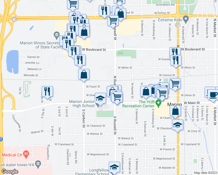 map of restaurants, bars, coffee shops, grocery stores, and more near 1505 West Faust Street in Marion