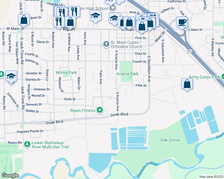 map of restaurants, bars, coffee shops, grocery stores, and more near 831 South Acacia Avenue in Ripon