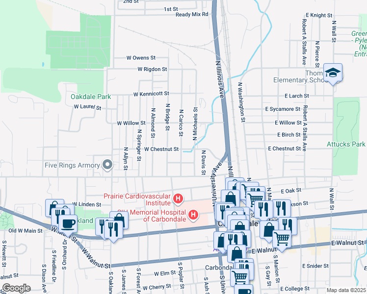 map of restaurants, bars, coffee shops, grocery stores, and more near 701 North Carico Street in Carbondale