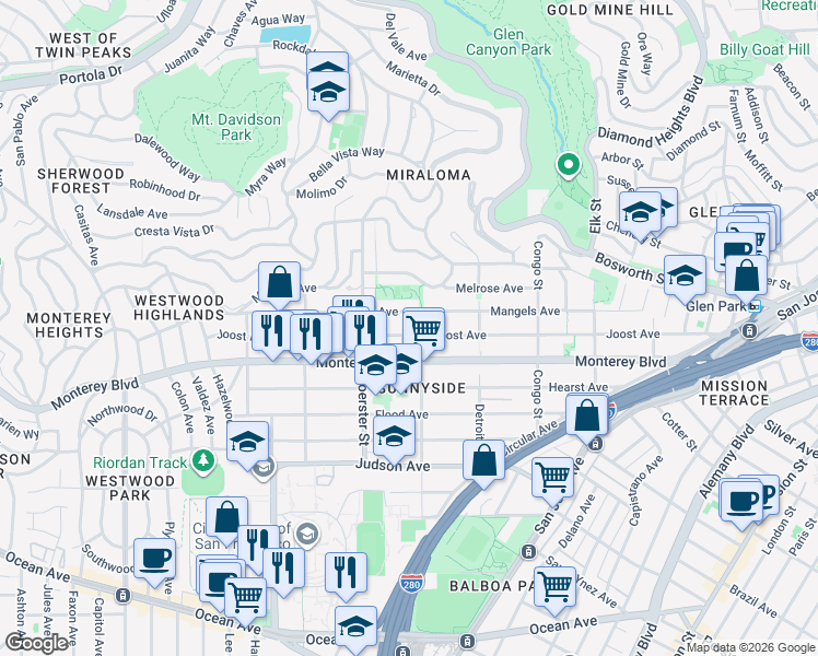 map of restaurants, bars, coffee shops, grocery stores, and more near 490 Joost Avenue in San Francisco