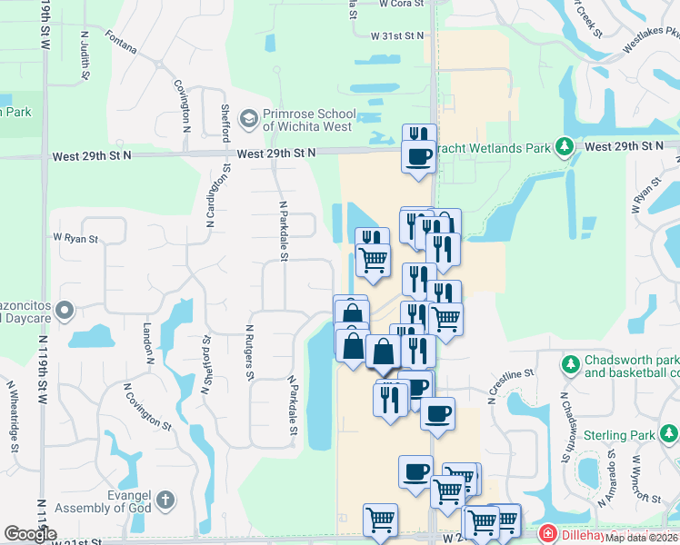 map of restaurants, bars, coffee shops, grocery stores, and more near 2718 North Stoney Point Street in Wichita