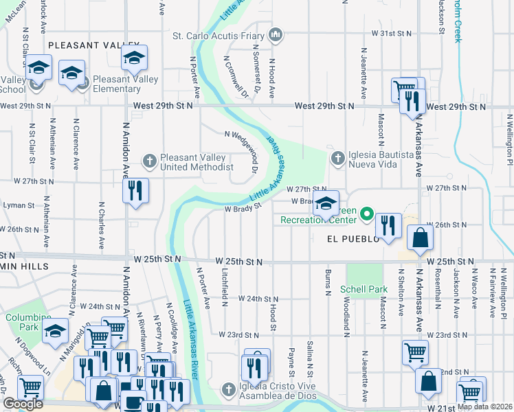 map of restaurants, bars, coffee shops, grocery stores, and more near 1600 West Brady Street in Wichita