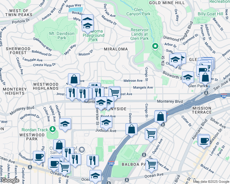 map of restaurants, bars, coffee shops, grocery stores, and more near 490 Joost Avenue in San Francisco