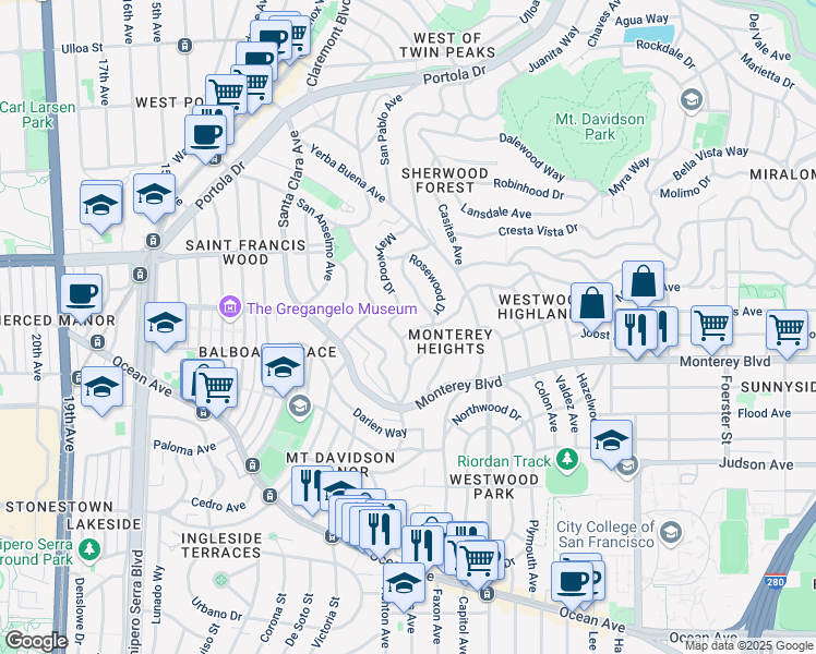 map of restaurants, bars, coffee shops, grocery stores, and more near 350 Brentwood Avenue in San Francisco