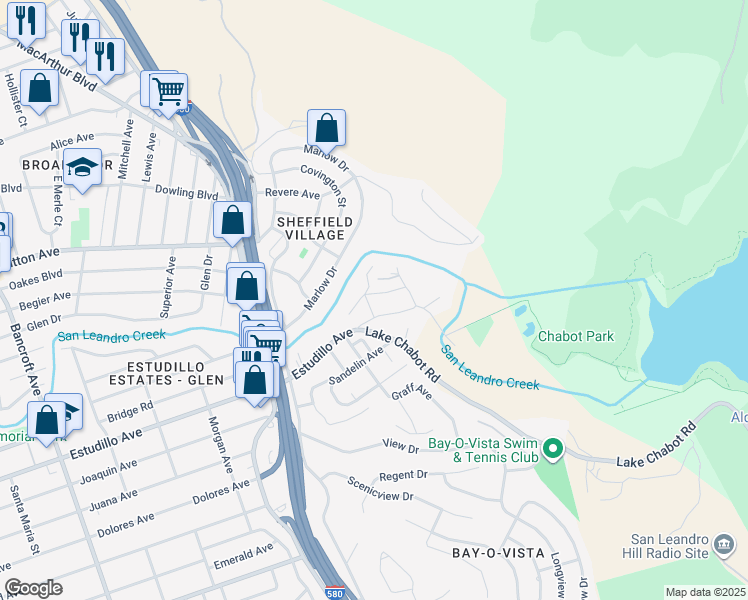 map of restaurants, bars, coffee shops, grocery stores, and more near 1200 Brookvale Drive in San Leandro