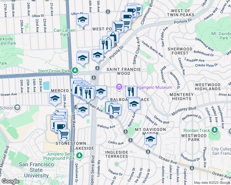 map of restaurants, bars, coffee shops, grocery stores, and more near 240 San Leandro Way in San Francisco