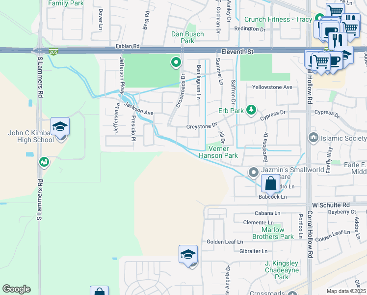 map of restaurants, bars, coffee shops, grocery stores, and more near 403 Riley Court in Tracy