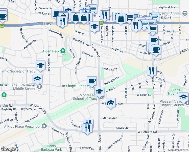 map of restaurants, bars, coffee shops, grocery stores, and more near 728 Lawn Court in Tracy