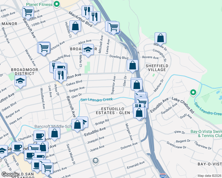 map of restaurants, bars, coffee shops, grocery stores, and more near 819 Superior Avenue in San Leandro
