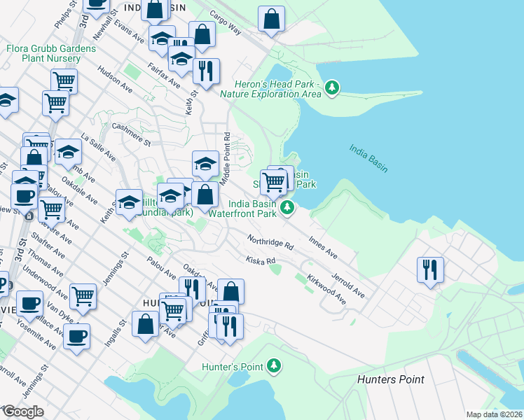 map of restaurants, bars, coffee shops, grocery stores, and more near 981 Innes Avenue in San Francisco