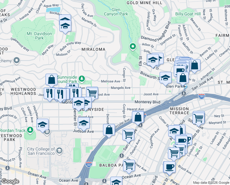 map of restaurants, bars, coffee shops, grocery stores, and more near 360 Joost Avenue in San Francisco