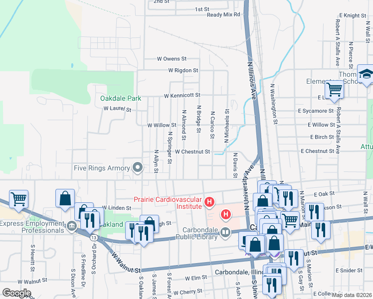 map of restaurants, bars, coffee shops, grocery stores, and more near 601 North Almond Street in Carbondale