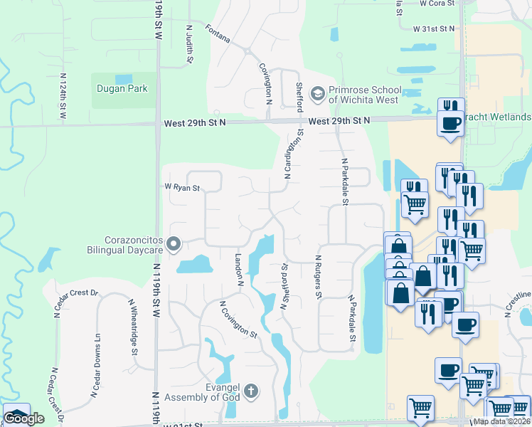 map of restaurants, bars, coffee shops, grocery stores, and more near 2711 North Shefford Court in Wichita