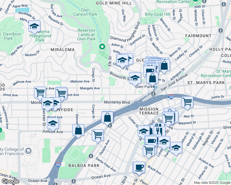 map of restaurants, bars, coffee shops, grocery stores, and more near 166 Joost Avenue in San Francisco