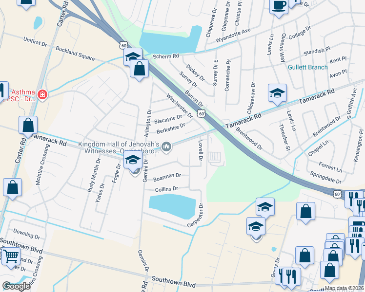 map of restaurants, bars, coffee shops, grocery stores, and more near 2156 Tamarack Road in Owensboro