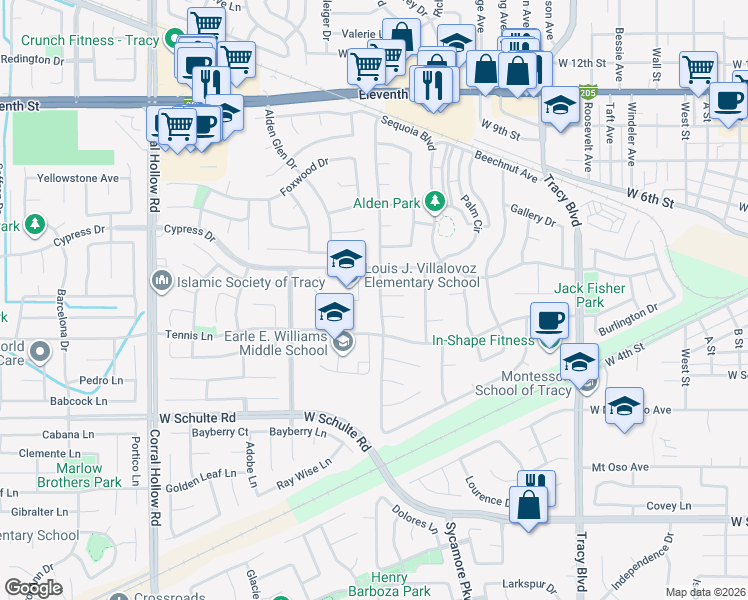 map of restaurants, bars, coffee shops, grocery stores, and more near 1480 Juniper Court in Tracy