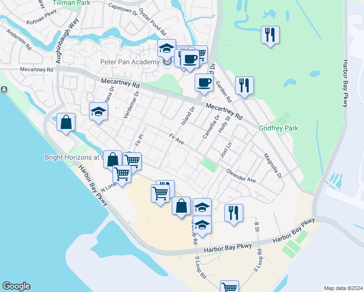 map of restaurants, bars, coffee shops, grocery stores, and more near 3314 Fir Avenue in Alameda