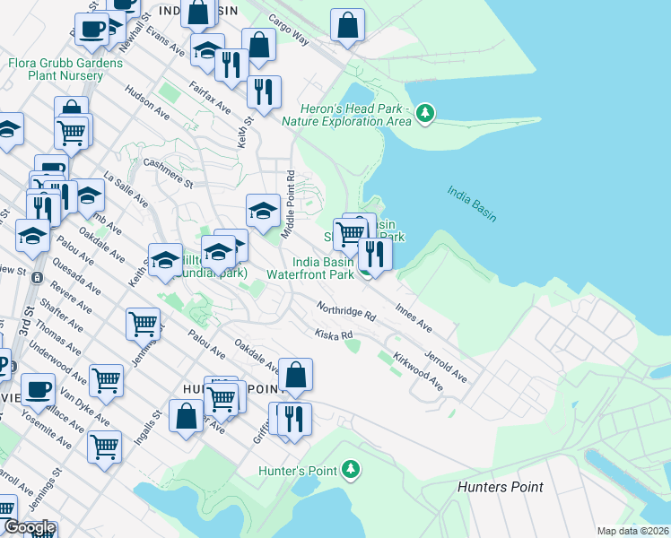 map of restaurants, bars, coffee shops, grocery stores, and more near 981 Innes Avenue in San Francisco