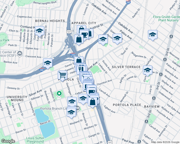 map of restaurants, bars, coffee shops, grocery stores, and more near 901 Bayshore Boulevard in San Francisco