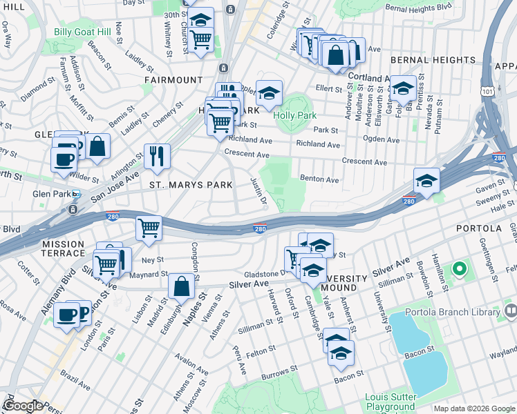map of restaurants, bars, coffee shops, grocery stores, and more near in San Francisco