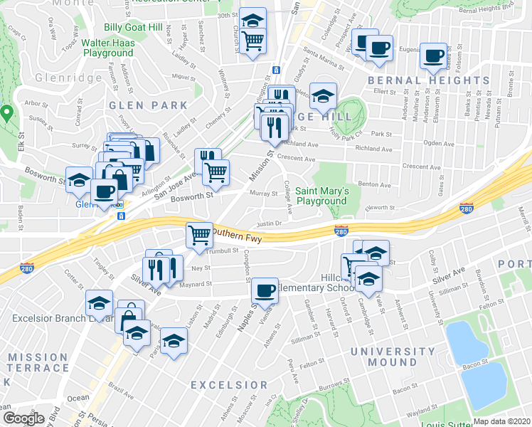 map of restaurants, bars, coffee shops, grocery stores, and more near 212 Genebern Way in San Francisco