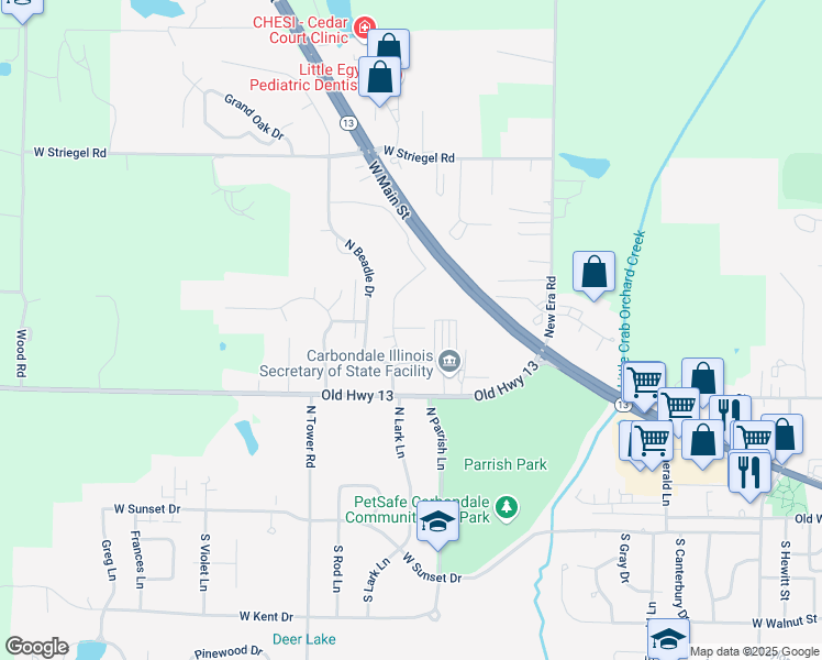 map of restaurants, bars, coffee shops, grocery stores, and more near 425N North Robinson Circle in Carbondale