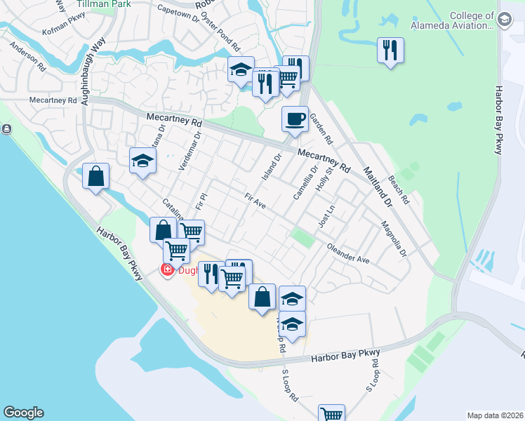 map of restaurants, bars, coffee shops, grocery stores, and more near 3314 Fir Avenue in Alameda