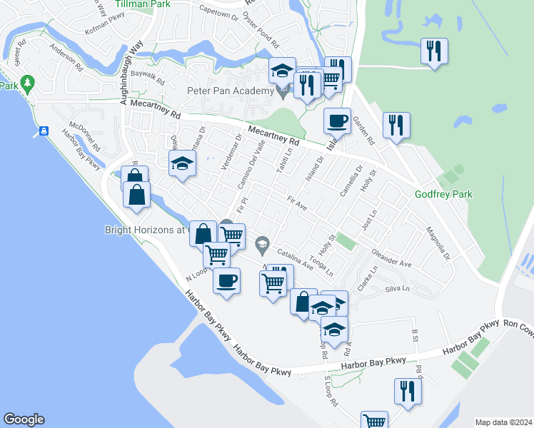 map of restaurants, bars, coffee shops, grocery stores, and more near 3205 Phoenix Lane in Alameda