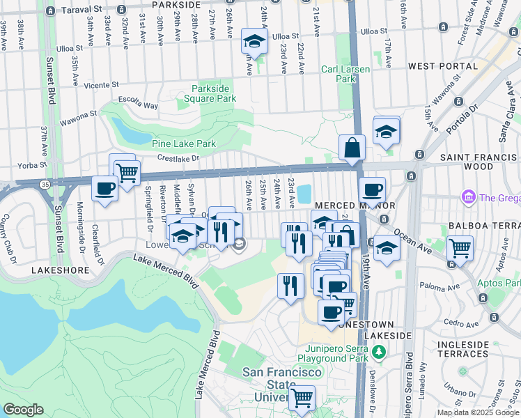 map of restaurants, bars, coffee shops, grocery stores, and more near 3306 Ocean Avenue in San Francisco