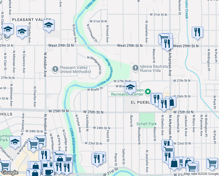 map of restaurants, bars, coffee shops, grocery stores, and more near 1402 West Alcott Street in Wichita