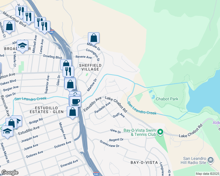 map of restaurants, bars, coffee shops, grocery stores, and more near 1615 Daniels Drive in San Leandro