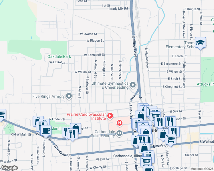 map of restaurants, bars, coffee shops, grocery stores, and more near 401-499 W Chestnut St in Carbondale