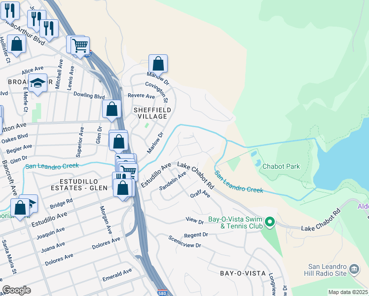 map of restaurants, bars, coffee shops, grocery stores, and more near 1615 Daniels Drive in San Leandro