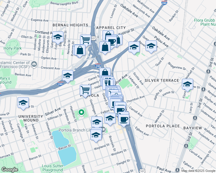 map of restaurants, bars, coffee shops, grocery stores, and more near 2380 San Bruno Ave in San Francisco